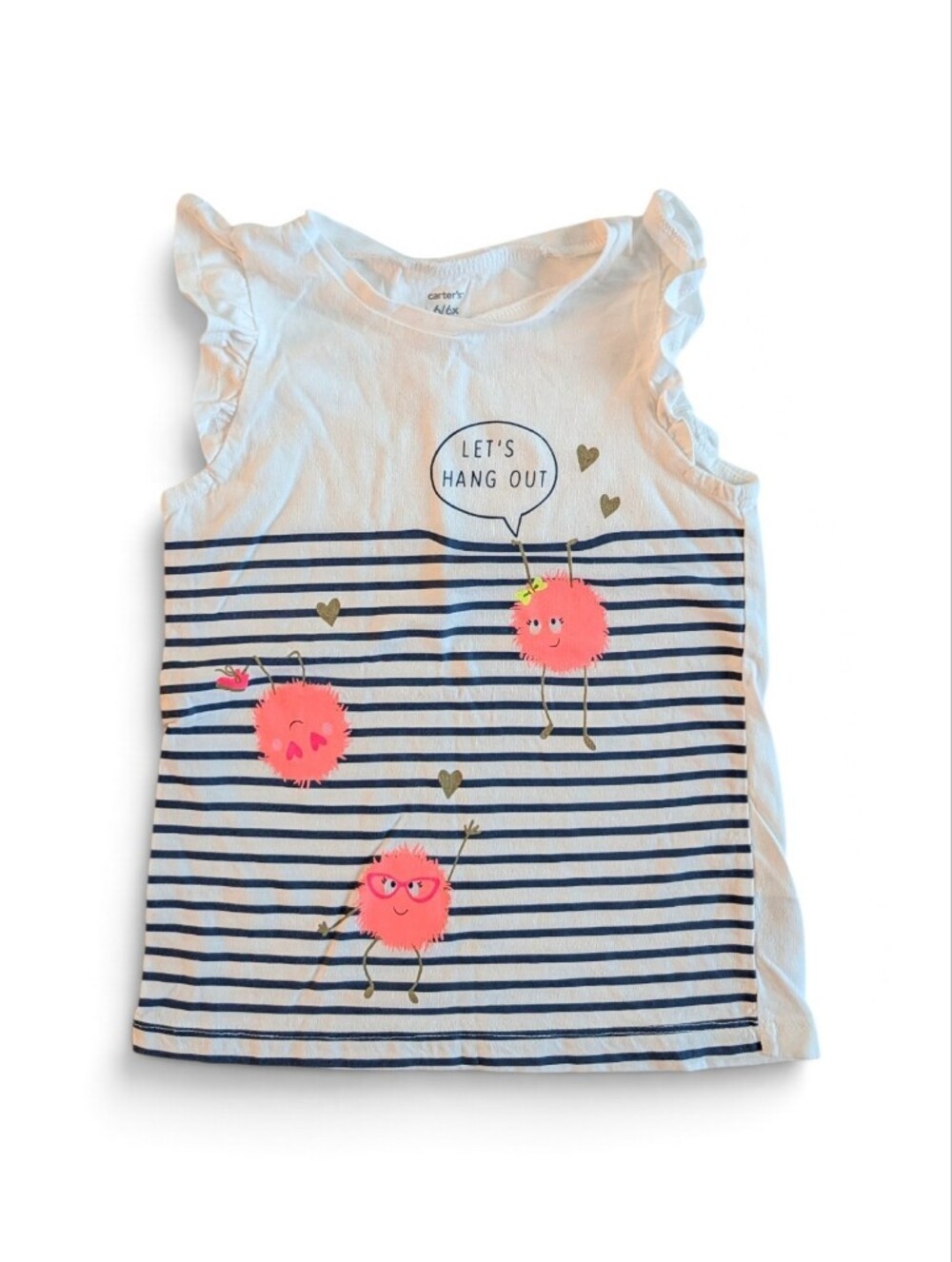 Carter's Girls White & Navy Striped Tee Shirt with Pink Pom Characters Size 6/6X